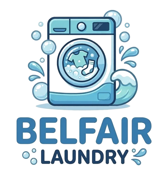 Belfair Laundry logo with a washing machine and bubbles