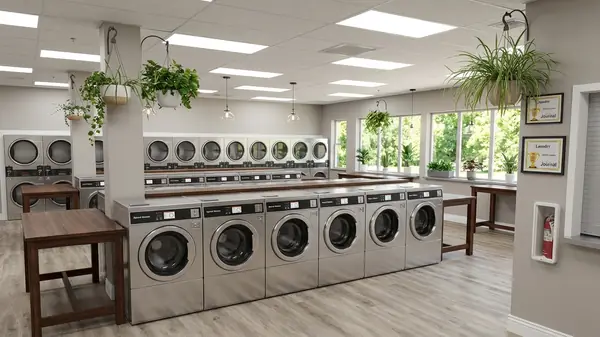 Inside Belfair Laundry with rows of washers and dryers